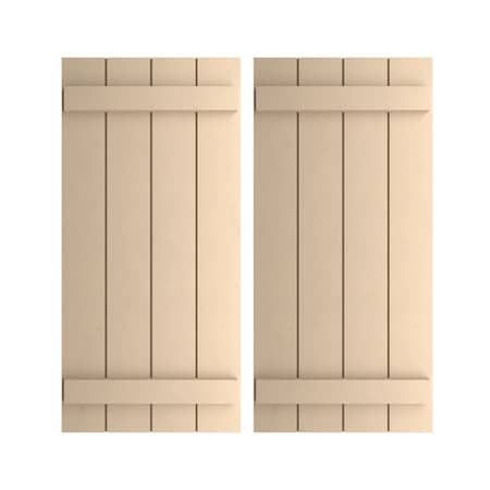 Rustic Four Board Joined Board-n-Batten Smooth Faux Wood Shutters (Per Pair), Primed Tan, 22Wx54H